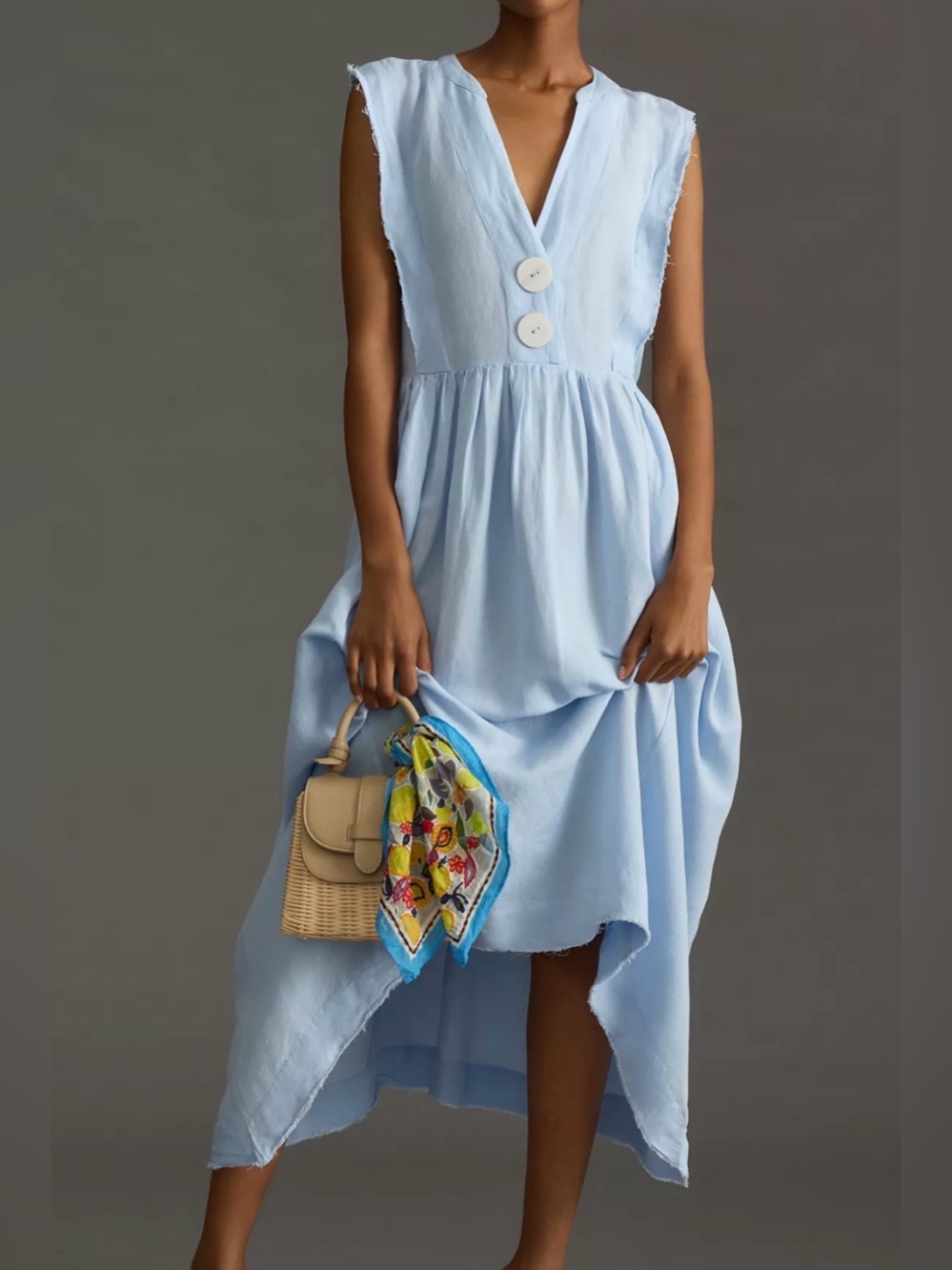 Maeve V Neck Open Apron Oversized Raw Hem Apron Midi Dress Light Blue XLarge